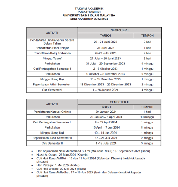 Takwim Akademik Sesi 2023/2024 TAMHIDI CENTRE