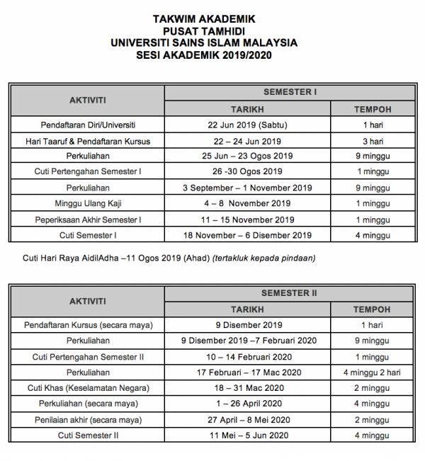 Takwim Akademik Sesi 2019/2020 – TAMHIDI CENTRE